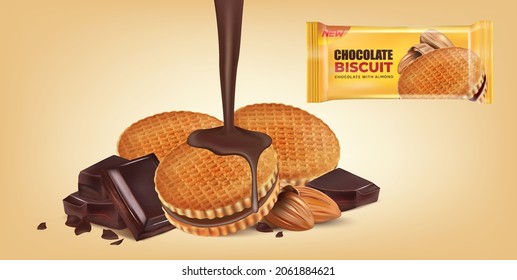 Empaquetado de galletas de galletas de chocolate en el medio aislado sobre fondo de color sólido. Vector realista en ilustración 3d.