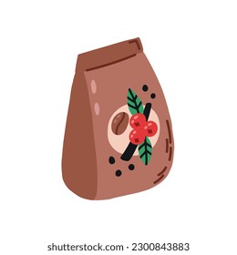 Empaquetado de café con cívet. Equipamiento para la elaboración de bebidas aromáticas. Ilustración vectorial dibujada a mano en estilo doodle