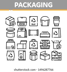Packaging Collection Elements Vector Icons Set Thin Line. Carton Open And Closed Packaging Concept Linear Pictograms. Parcel, Box Container Delivery Shipping Equipment Black Contour Illustrations