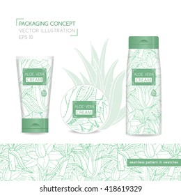 Packaging concept with aloe vera. Three realistic cosmetic tube and jar with ready design. Seamless pattern is in swatches, on illustration just example. Vector Illustration