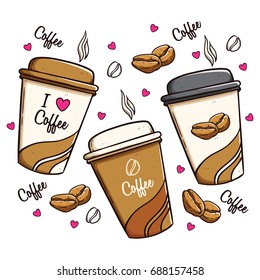 packaging concept of coffee cups with cute decoration using coloring doodle art