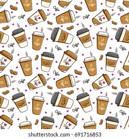 packaging concept of coffee paper cups in seamless pattern with cute decoration on white background