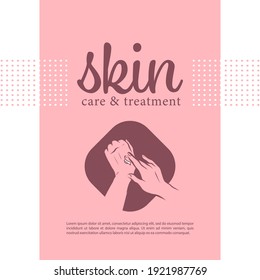 Packaging concept design with hand cream emblem. Human hands smear drop of moisturizer isolated on white background. Vector flat hand drawn illustration. For brand insignia, banner, advertisement,