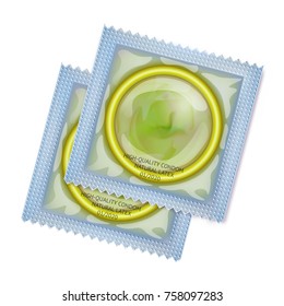 Packaging with a condom. Set of latex condoms in package. Concept for healthcare banner and AIDs/HIV control poster. Contraceptive method for male. Objects isolated on transparent or white background.