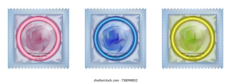 Embalaje con preservativo. Conjunto de preservativos de látex en el envase. Cartel sobre el concepto de salud y afiche sobre el control del VIH/SIDA. Método anticonceptivo para hombres. Objetos aislados en fondo transparente o blanco.