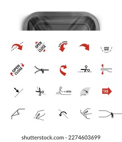 Packaging consumer icon set. Vector illustration isolated on white background. Set for packages, places of opening, closing, tearing. EPS10.	