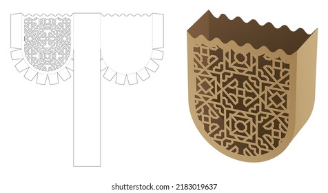 Packaging Container With Curved Edge And Stenciled Pattern Die Cut Template And 3D Mockup