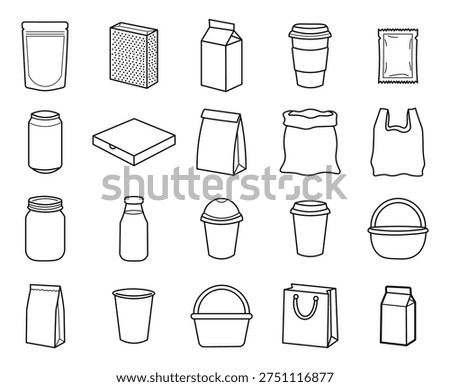 Packaging Container Line Icons Set – Food, Beverage and Retail Package Outline Vector Collection