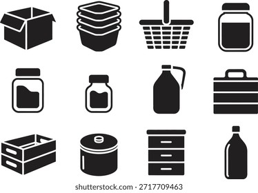 Packaging container silhouette icon set, box jar basket storage vector symbols on white background