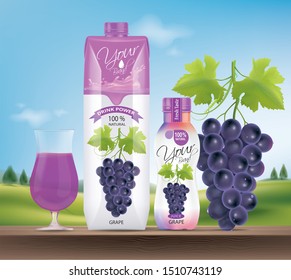 The packaging contains grape fruit juice. The background on the side is natural scenery.