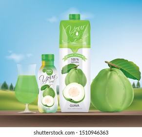 The packaging contains guava fruit juice. The background on the side is natural scenery.