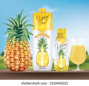 The packaging contains pineapple fruit juice. The background on the side is natural scenery.