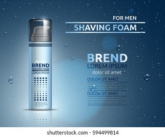 Packaging Of Cosmetic Foam For Shaving With A Logo On A Blue Background. Water Drop. Vector Illustration.