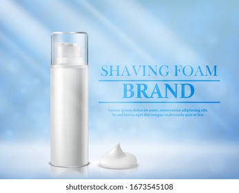 Packaging of cosmetic foam for shaving on a blue background. Vector illustration.