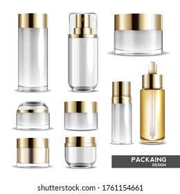 Packaging Cosmetic Gold Beauty Cream Bottle For Luxury Cosmetic Product. Bottle For Liquid, Skin Care Cream. Vector Design.
