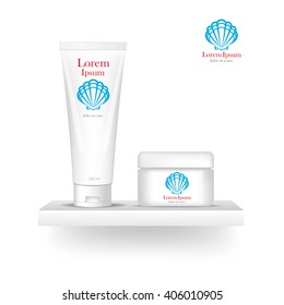 Packaging cosmetics, mock-up. Plastic Container. Package cream, Beauty products. Logo sell. Template Logo. Company logo design