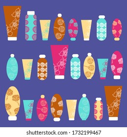 Embalaje con series de cosméticos sobre fondo blanco. Ilustración aislada. Diseño de paquetes. El concepto de cuidado de la piel en el spa. Belleza, concepto de spa. Fondo vectorial. Concepto de atención de la salud.