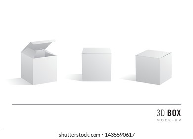 Packaging Cube Box 3D Mockups Set of Isometric Open Closed and Frontal View Blank Templates -  White Realistic Boxes with Shadows on Similar Background - Vector Gradient Graphic Design