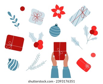 Packaging and decoration of holiday boxes. Set of Christmas gifts. Design elements for greeting cards, scrapbooking, stickers, party invitation. Vector flat illustration on a white background.