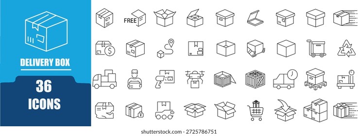 Conjunto de iconos de Web de embalaje y entrega en estilo de línea. Colección de envío, logística e iconos lineales de paquete, incluyendo caja de cartón, paquete abierto, camión de mensajería, almacén, seguimiento, etiqueta de envío, frágil, reciclaje, envío gratis, servicio de entrega, embalaje de comercio electrónico y gestión de logística. Trazo editable.