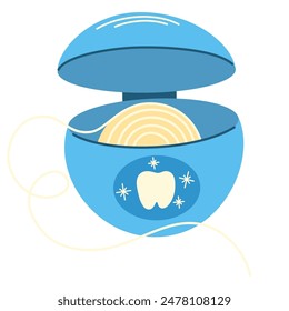 Packaging of dental floss for interdental cleaning. Medical thread, string for brushing teeth. Tool for mouth health care, oral hygiene. Flat isolated vector illustration on white background