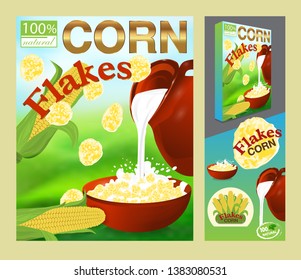 Packaging design or ads Corn flakes. Template package box for products 3d illustration. Milk pouring from the jug a plate, nature background. Elements design vector illustration.