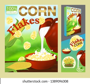 Packaging design or ads Corn flakes. Milk pouring from the jug a plate, nature background. Template package box for products 3d illustration. Elements design vector illustration.