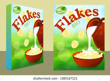 Packaging design or ads flakes corn or wheat. Milk pouring from the jug in a bowl. Template package box for products cereal 3d illustration, nature background. Vector illustration.