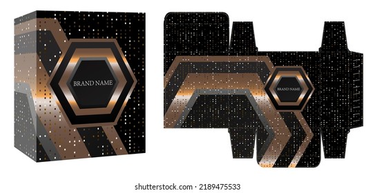 Packaging design, black and gold luxury box template and mockup box, illustration vector.	
