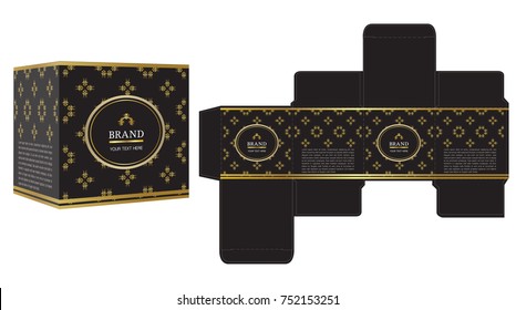 Packaging design, black and gold luxury box design template and mockup box. Illustration vector