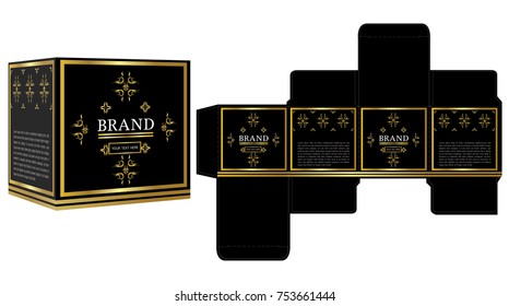 Packaging design, black and gold luxury box design template and mockup box. Illustration vector.