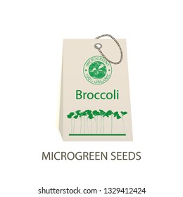 Packaging design for broccoli seeds. Raw sprouts, microgreens, healthy eating concept. Vector illustration