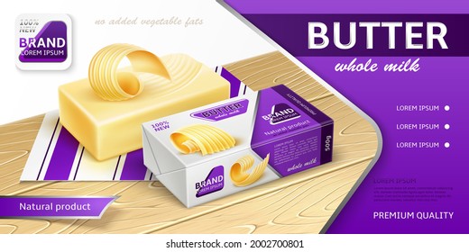 Verpackungsdesign für Butter, Margarine, Spread. Werbebanner. Realistische Vektorgrafik.