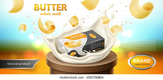 Verpackungsdesign für Butter, Margarine, Spread, Milchprodukte. Milk splash-Effekt. Werbebanner. Realistische Vektorgrafik.