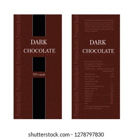 Packaging design chocolate. Vector illustration. Pack design dark chocolate. Front and back side template.