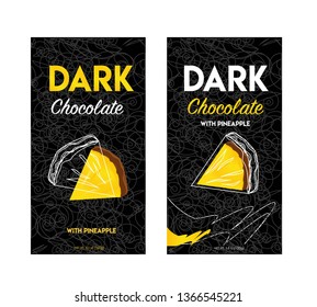 Packaging design chocolate. Vector illustration. Pack design dark chocolate with pineapple. 