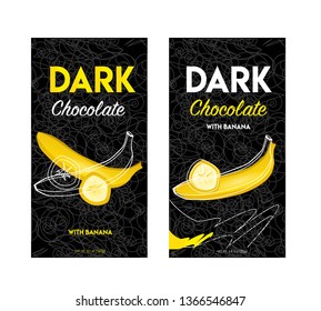 Packaging design chocolate. Vector illustration. Pack design dark chocolate with banana. 