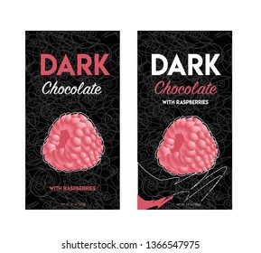 Packaging design chocolate. Vector illustration. Pack design dark chocolate with raspberries. 