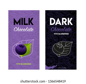 Packaging design chocolate. Vector illustration. Pack design dark chocolate with blueberries. 
