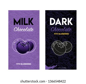 Packaging design chocolate. Vector illustration. Pack design dark chocolate with blueberries. 