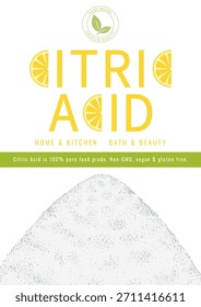 Design de embalagem de ácido cítrico em estilo limpo e fresco minimalista. Nome do produto e blocos de informação.