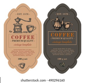 Packaging design for coffee. Black coffee latte cappuccino hand drawn retro vintage vector illustration  