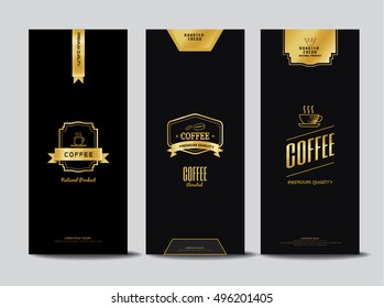 Packaging design for a coffee, Collection of design elements,labels,icon,frames, for packaging,design of luxury products.Made with golden foil.Isolated on black background. vector illustration