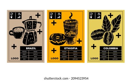 Packaging design for coffee. Drawing art for packaging label. Beans, leaf brunch, cup cappuccino and coffee maker. Set of posters in a minimalist design. Flat vector illustration