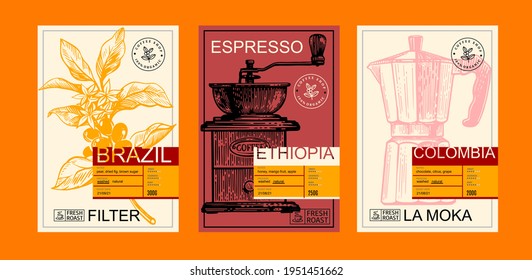 Packaging design for coffee. Sketch drawing art for packaging label 