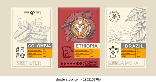 Packaging design for coffee. Sketch drawing art for packaging label. Beans, leaf brunch and cup cappuccino
