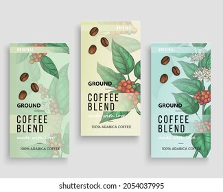 Packaging design for coffee. Vector product background template in vintage style with hand drawn coffee plant. Coffee illustration with coffea branch and beans for packaging label, banner design. 