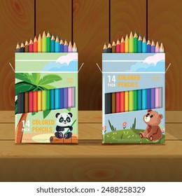 Packaging design for colored pencils for children. The illustration shows a bear on the grass and a panda on the sand next to a palm tree
