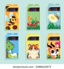 Packaging design for colored pencils for kids. The packaging features cartoon insects