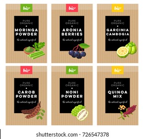 Packaging design. Concept label for natural superfood marketing . moringa, aronia, carob, noni, quinoa, garcinia cambogia. Vector flat template.